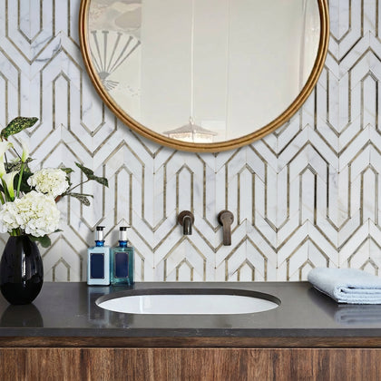 Arrows-Carrara White with Antique Mirror Accents 12-in x 9-in Polished Waterjet Mosaic Floor and Wall Tile( 3.55 sq. ft. /Box )