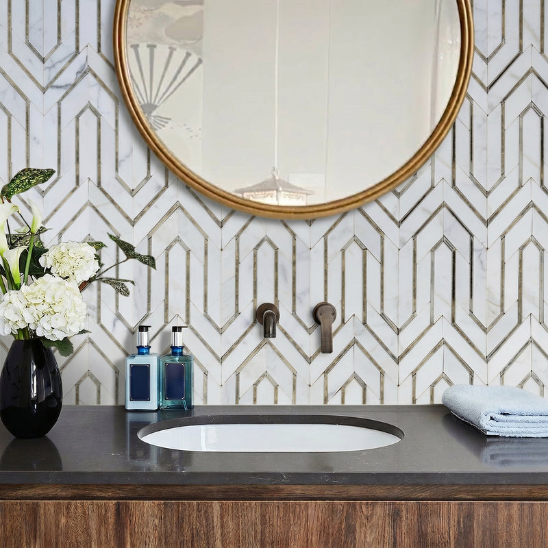 Arrows-Carrara White with Antique Mirror Accents 12-in x 9-in Polished Waterjet Mosaic Floor and Wall Tile( 3.55 sq. ft. /Box )