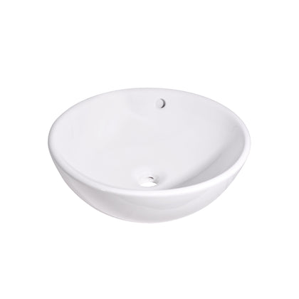 15 inch white ceramic vessel sink in a round design with overflow for modern bathroom.