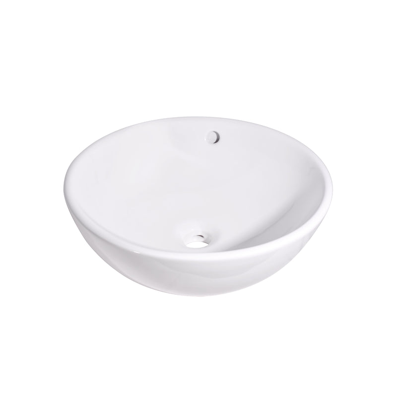 15 inch white ceramic vessel sink in a round design with overflow for modern bathroom.