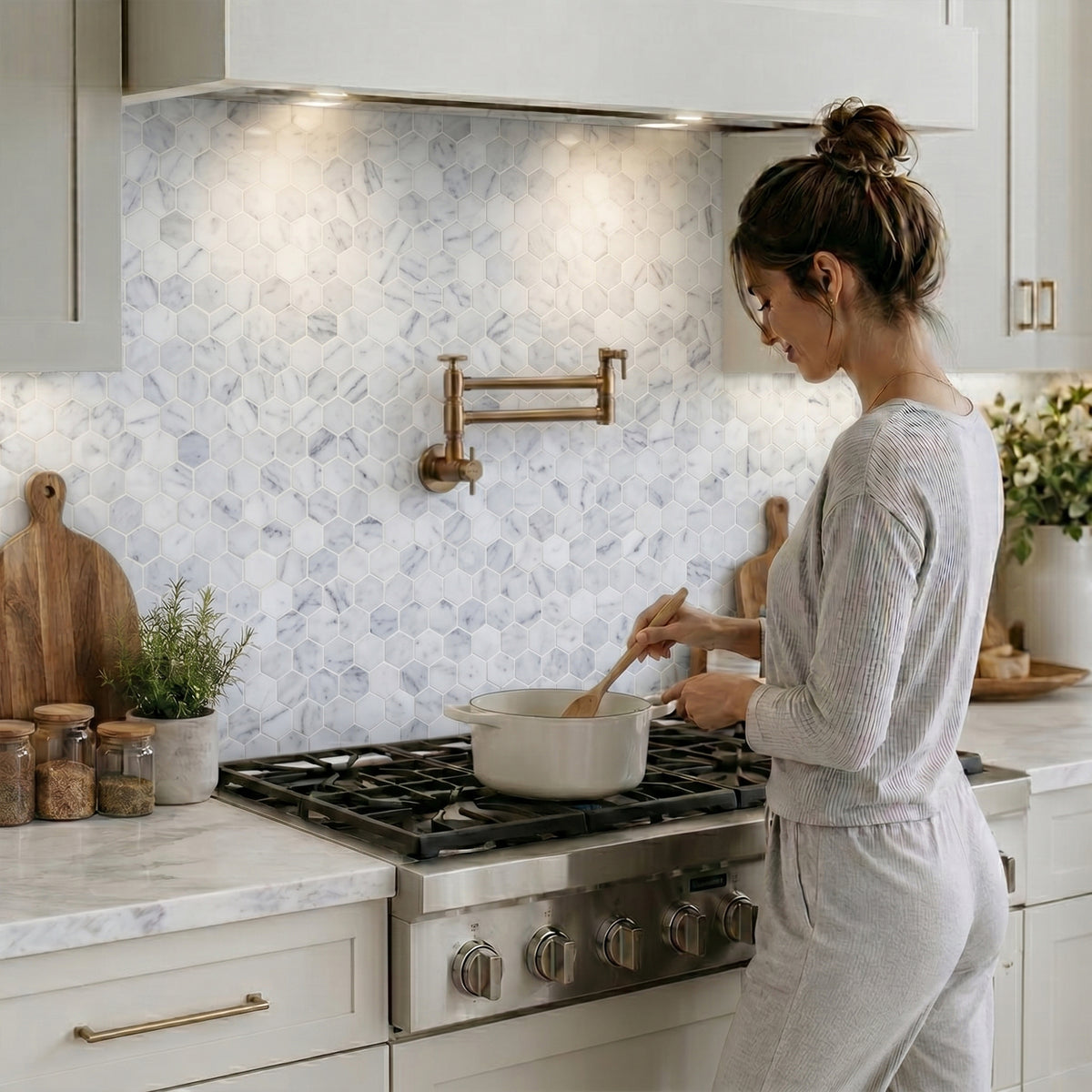 2-in Oriental White Hexagon 12-in x 12-in Polished Marble Mosaic Floor and Wall Tile( 5 sq. ft. /Box )