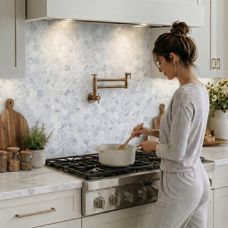 2-in Oriental White Hexagon 12-in x 12-in Polished Marble Mosaic Floor and Wall Tile( 5 sq. ft. /Box )