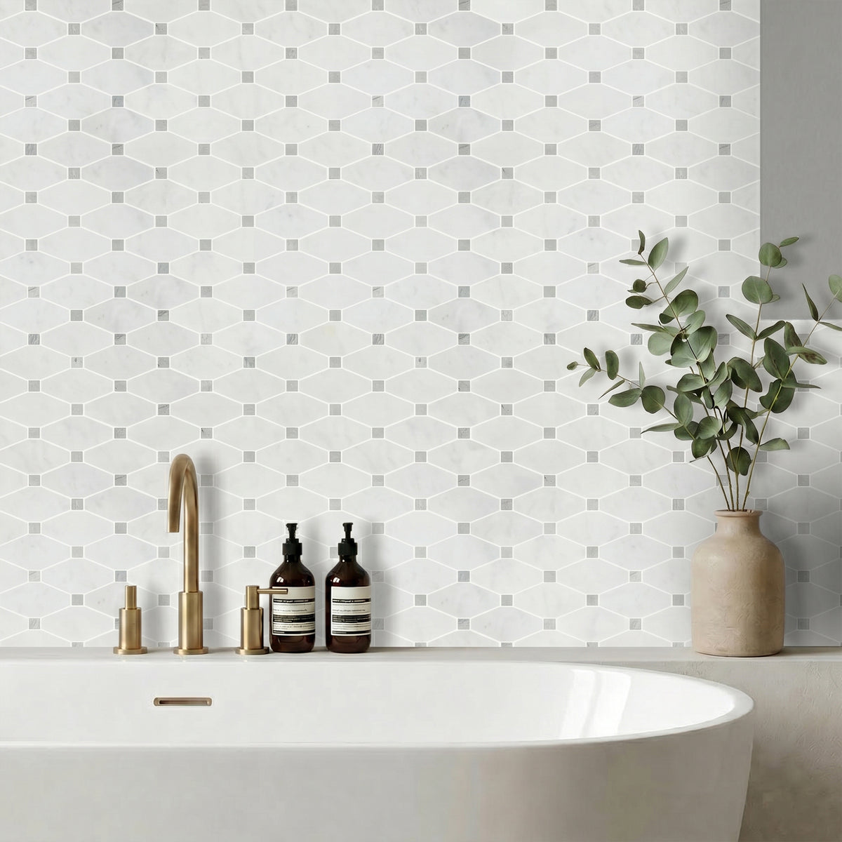 Carrara White Octagon 12-in x 11-in Polished Marble Mosaic Floor and Wall Tile( 4.6 sq. ft. /Box )