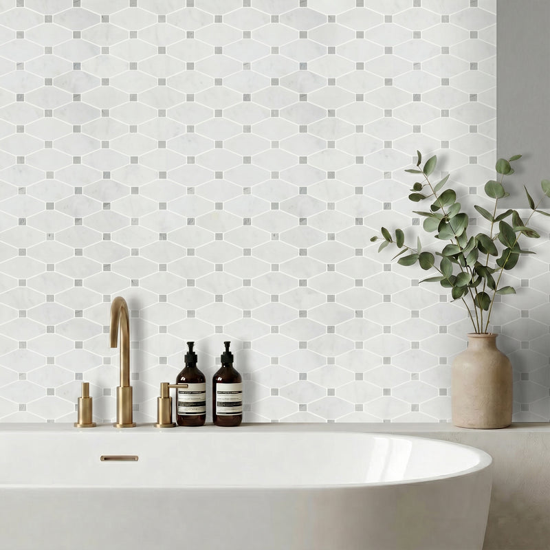 Carrara White Octagon 12-in x 11-in Polished Marble Mosaic Floor and Wall Tile( 4.6 sq. ft. /Box )