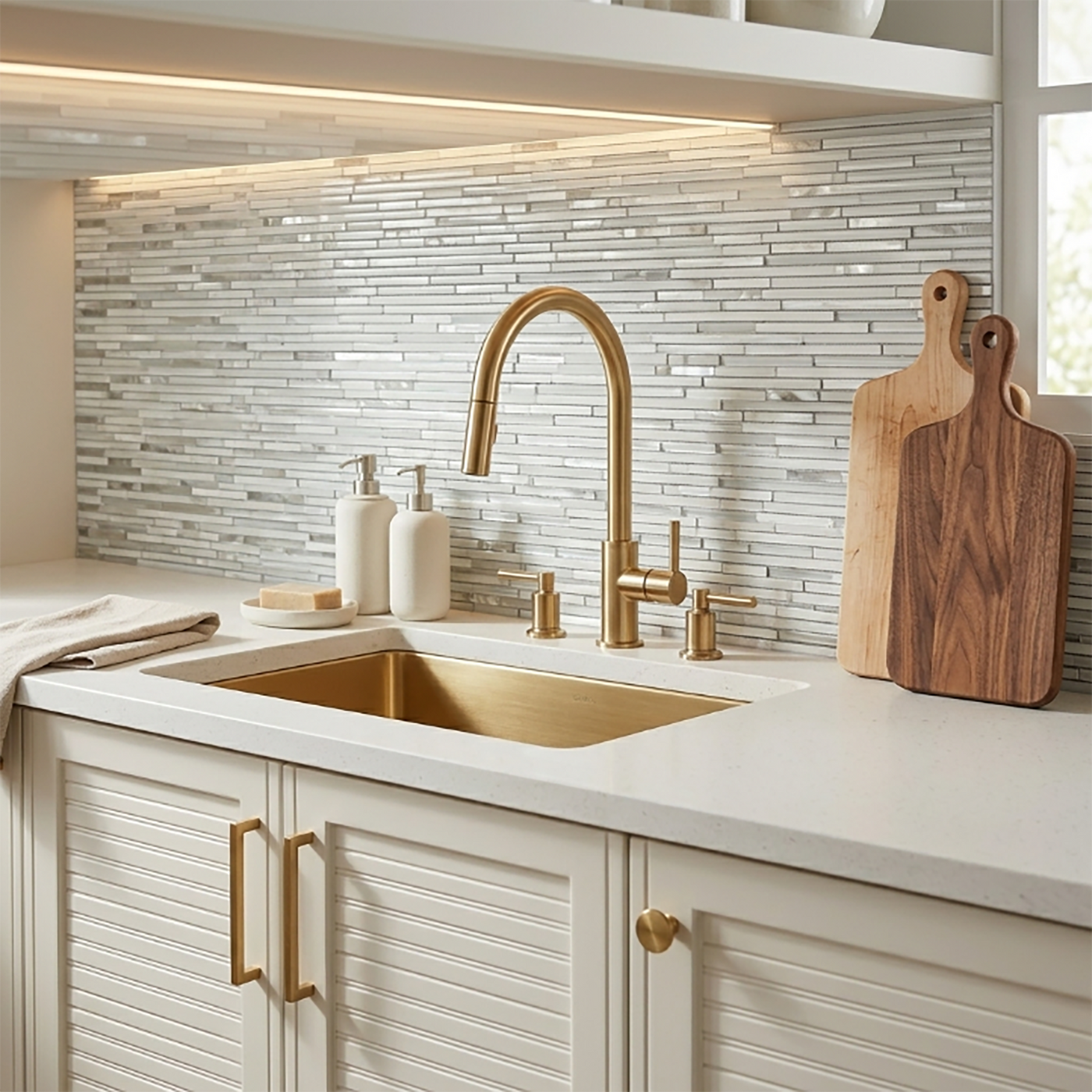 White Shadow thin strip glass mosaic used as a kitchen backsplash