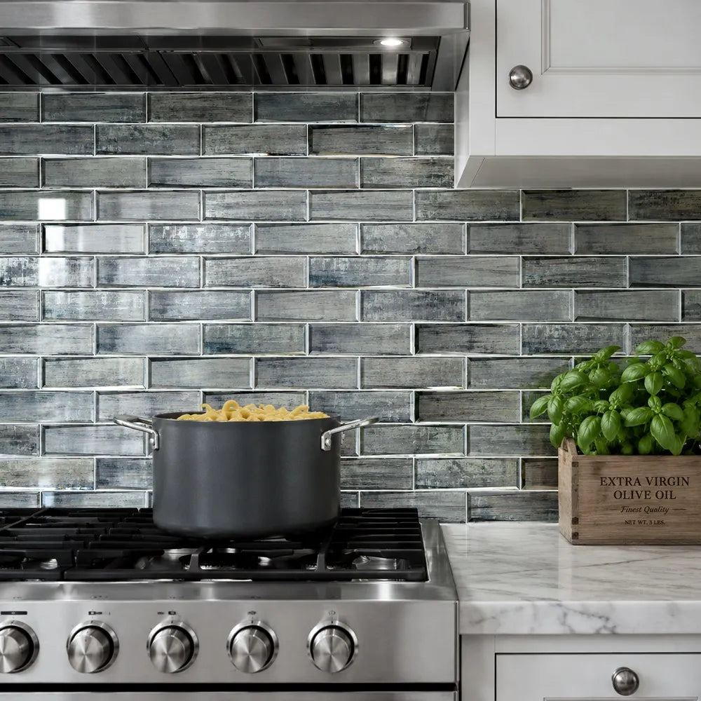 Blue & Gray Wood  Grain 12-in x 12-in 3D Glass Mosaic Wall Tile( 10 sq. ft. /Box )