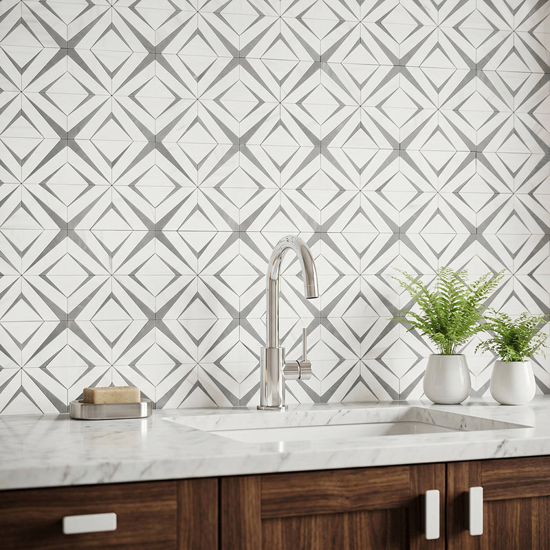 Aphrodite Light Gray Diamond Pattern 12-in x 12-in Polished Waterjet Mosaic Floor and Wall Tile( 5 sq. ft. /Box )