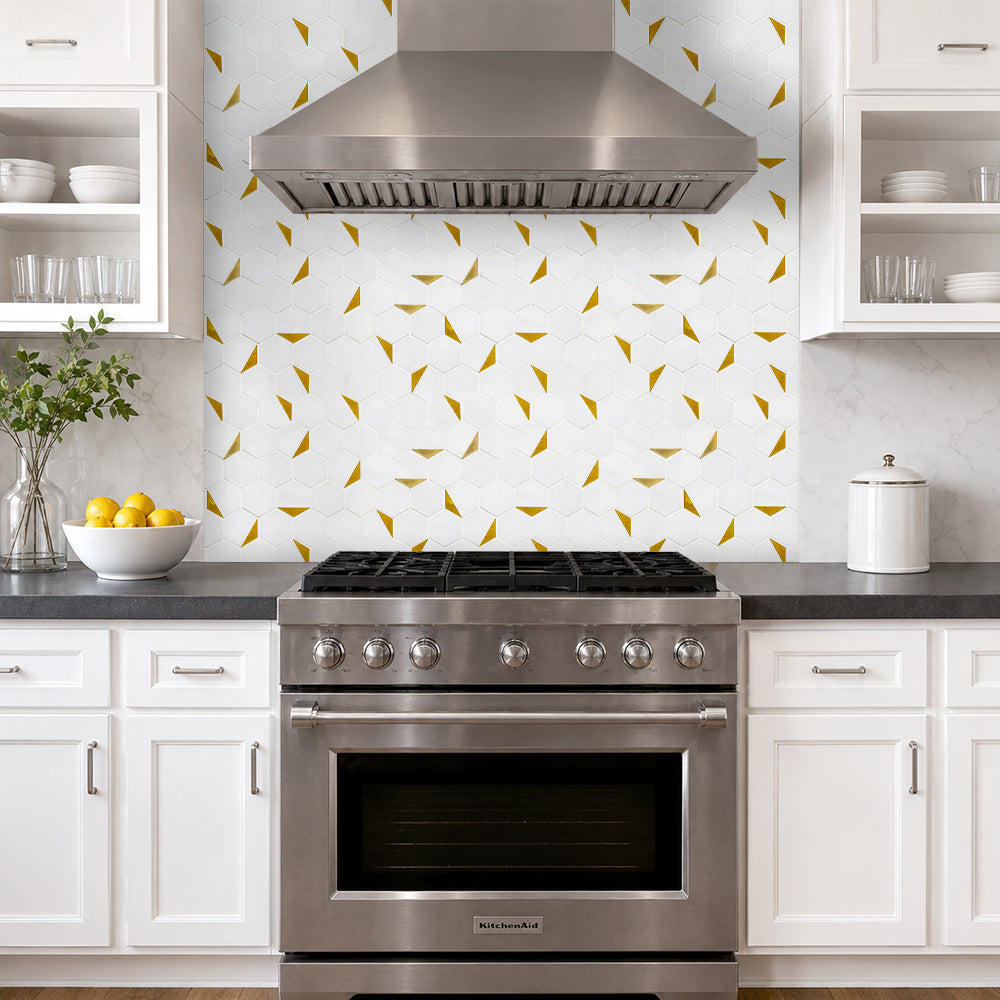 Royal White Hexagon with Gold Accents 12-in x 10-in Polished Marble with Metal Mosaic Wall Tile( 8.3 sq. ft. /Box )