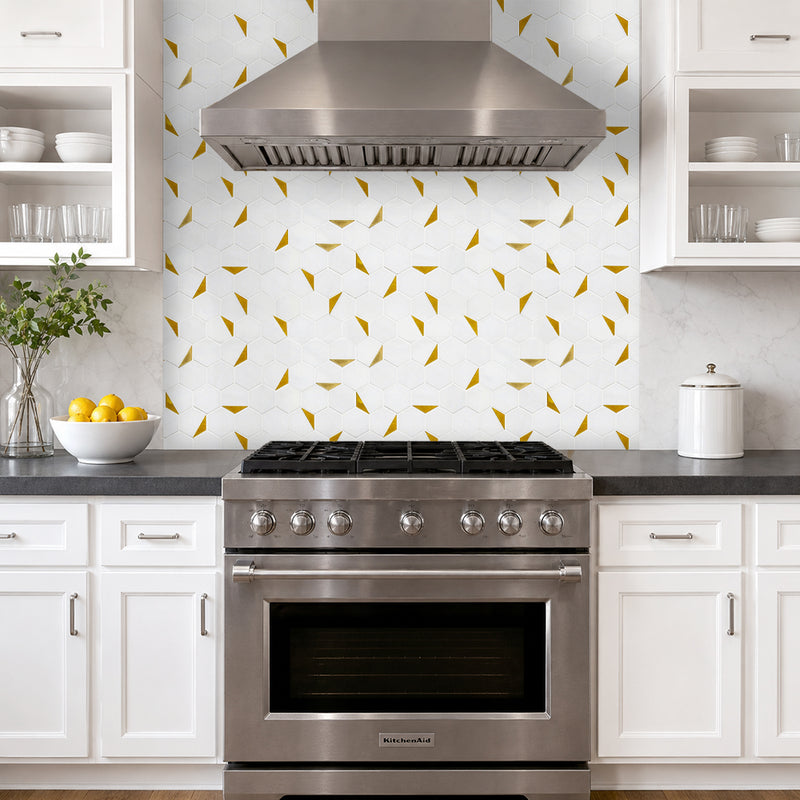 Royal White Hexagon with Gold Accents 12-in x 10-in Polished Marble with Metal Mosaic Wall Tile( 8.3 sq. ft. /Box )