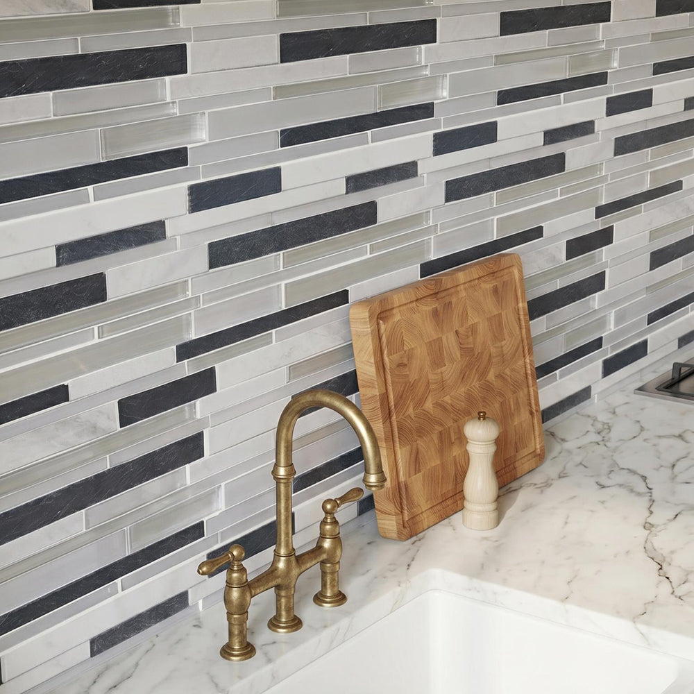 Iron Staircase Marble Slate & Glass Random Strips 12-in x 12-in Glass Mosaic Wall Tile( 10 sq. ft. /Box )