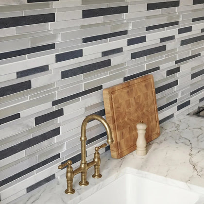 Iron Staircase Marble Slate & Glass Random Strips 12-in x 12-in Glass Mosaic Wall Tile( 10 sq. ft. /Box )