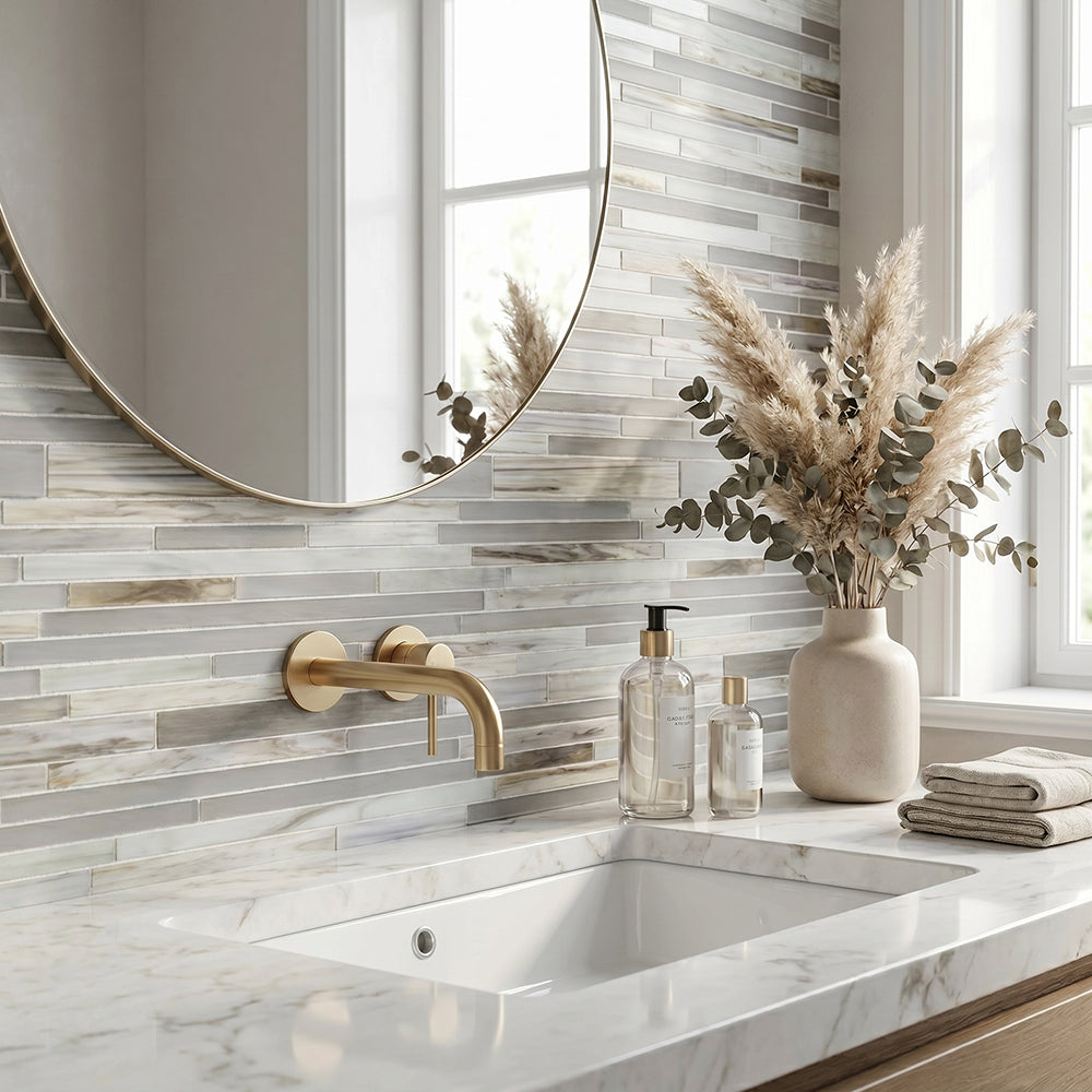 12-in x 12-in Antique Ice Random Strip Glass Mix Mosaic Wall Tile( 20 sq. ft. /Box )