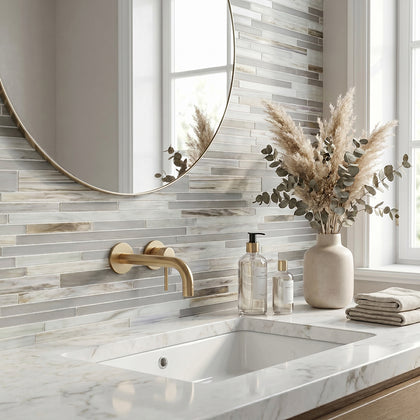 12-in x 12-in Antique Ice Random Strip Glass Mix Mosaic Wall Tile( 20 sq. ft. /Box )
