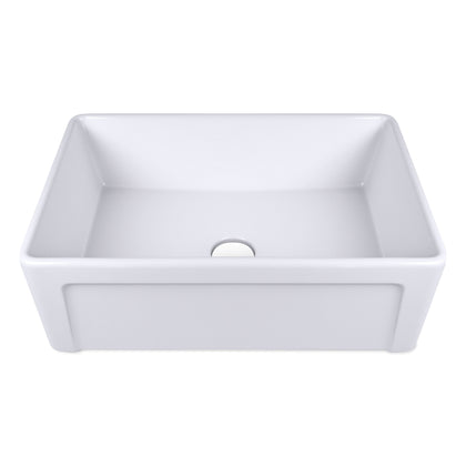 30 inch white ceramic farmhouse sink with deep single bowl design, perfect for kitchen use.