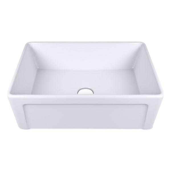 30 inch white ceramic farmhouse sink with deep single bowl design, perfect for kitchen use.