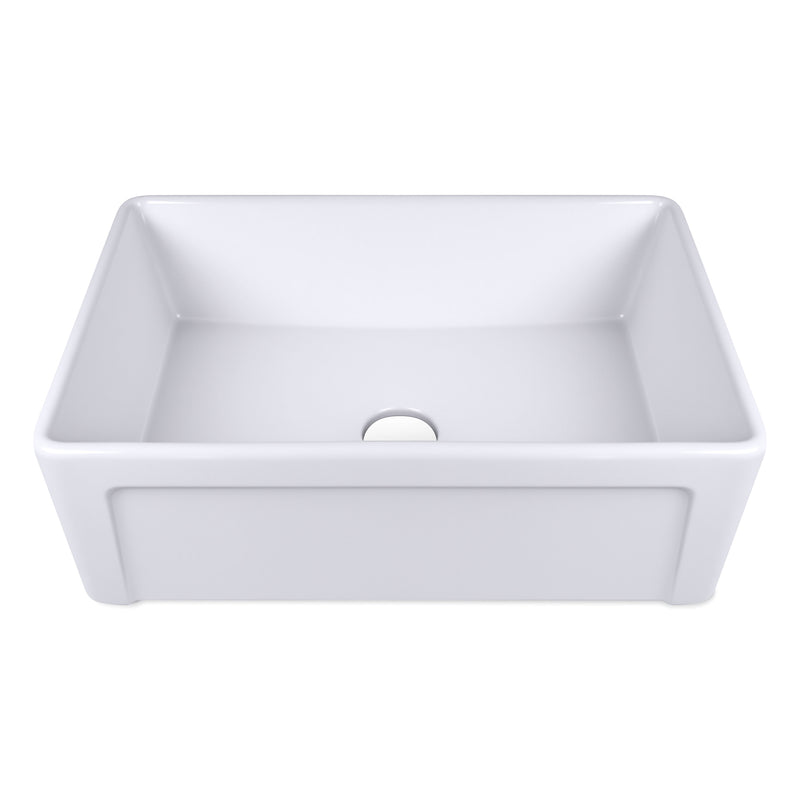 30 inch white ceramic farmhouse sink with deep single bowl design, perfect for kitchen use.