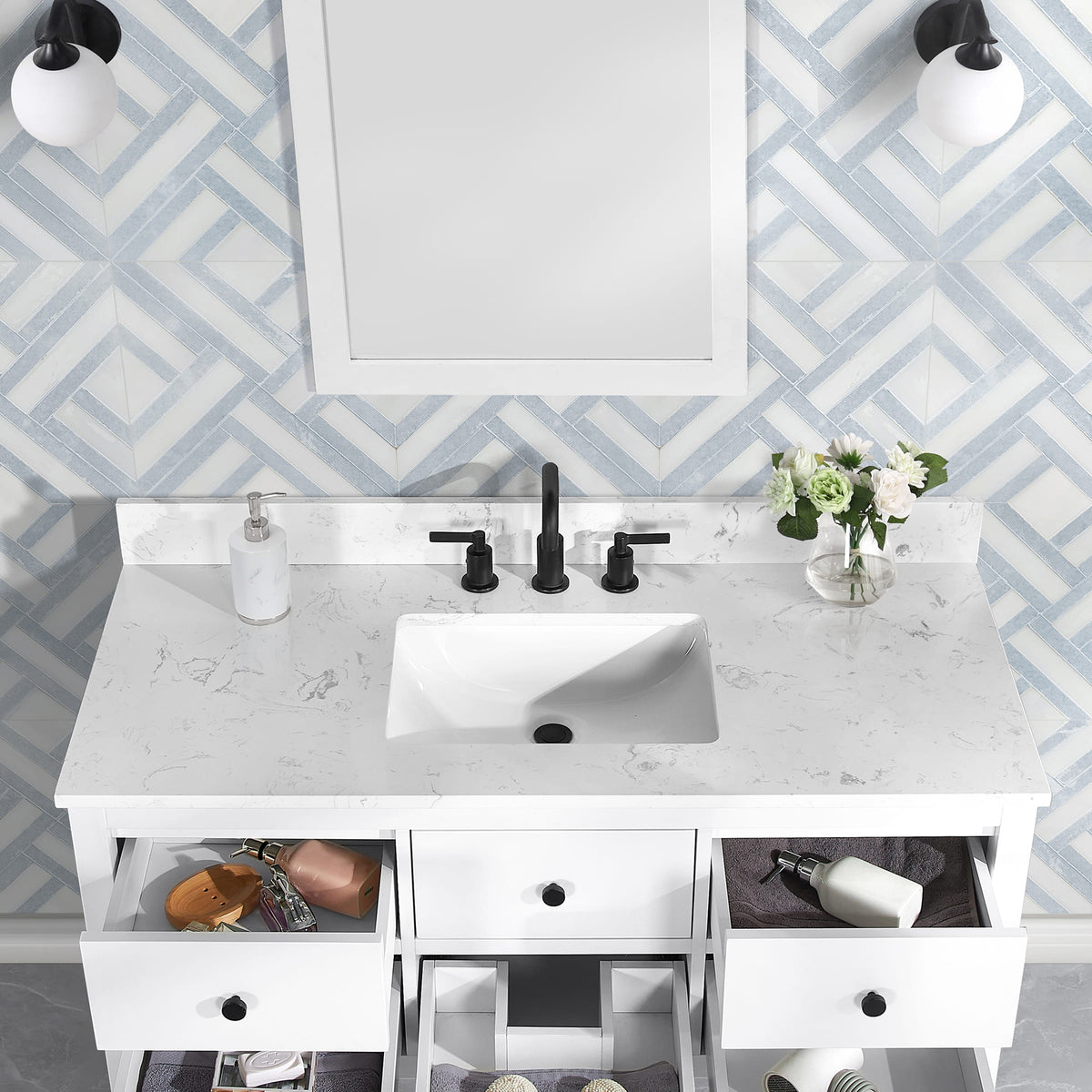 Encino 48" Single Vanity With Carrara White Quartz Stone Top