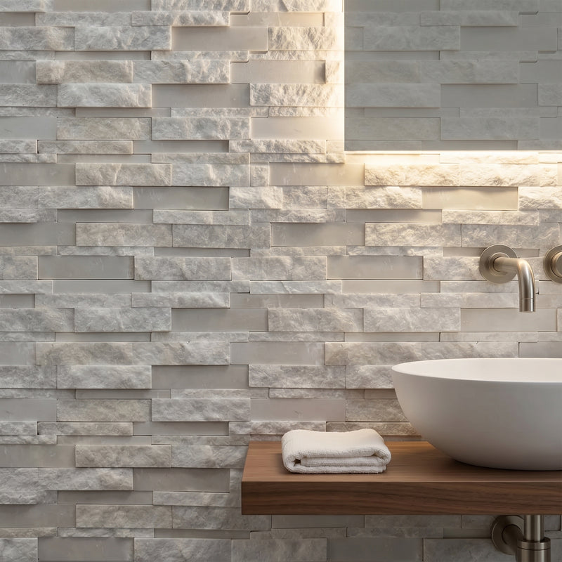 White Split Faced Random Strip Slate Quartzite Natural Finished Mixed with 12-in x 12-in Honed Mosaic Floor and Wall Tile( 5 sq. ft. /Box )
