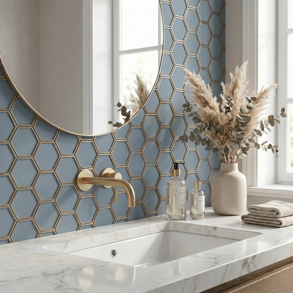 3-in Hexagon Dark Blue Glass with Silver Edge 11-in x 9-in Glass Mosaic Wall Tile( 7 sq. ft. /Box )