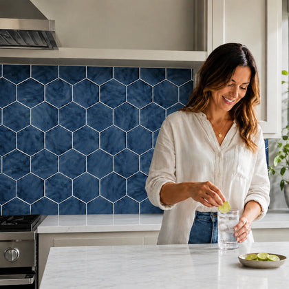 6-in Hexagon Blue 12-in x 12-in Inkjet Glass Mosaic Wall Tile( 10 sq. ft. /Box )