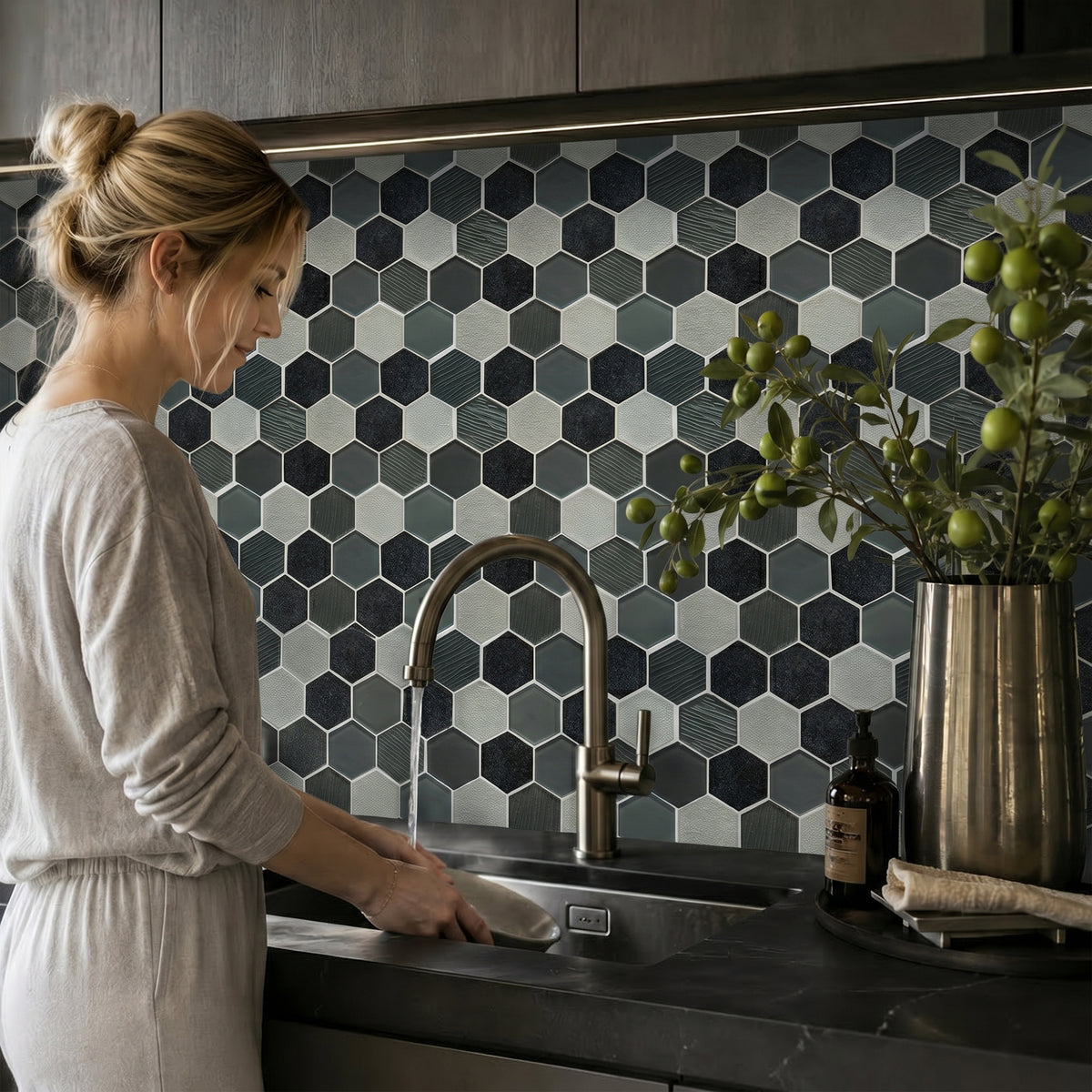 12-in x 11-in Palladian Gray Hex Glass & Porcelain Mosaic Wall Tile( 8.3 sq. ft. /Box )