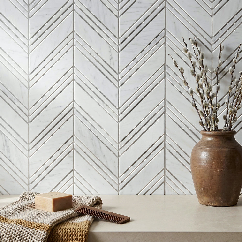 Carrara & Oriental White Chevron 12-in x 12-in Polished  Marble Mosaic Wall Tile( 5 sq. ft. /Box )