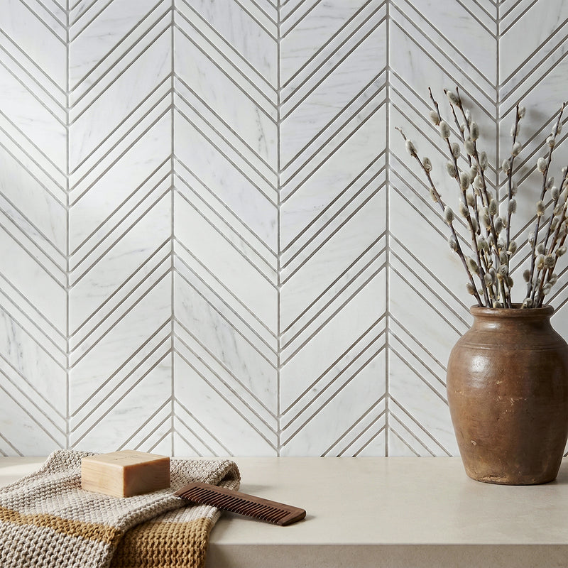 Carrara & Oriental White Chevron 12-in x 12-in Polished  Marble Mosaic Wall Tile( 5 sq. ft. /Box )