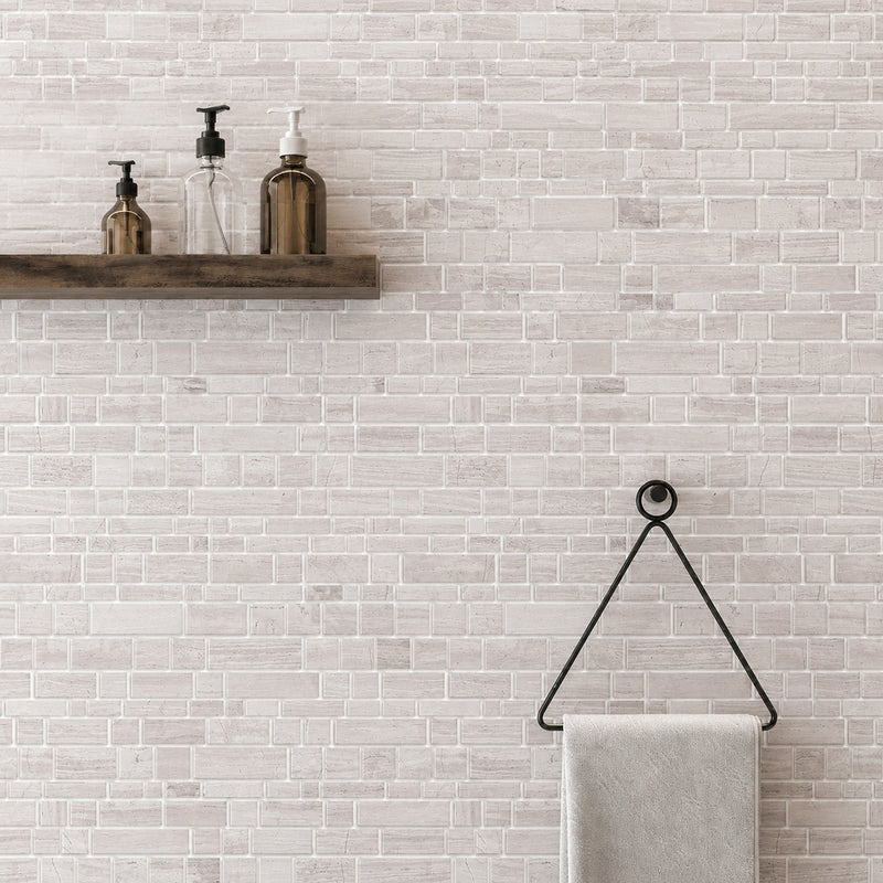 Wooden White Multi-Square 12-in x 12-in Honed Marble Mosaic Wall Tile( 5 sq. ft. /Box )