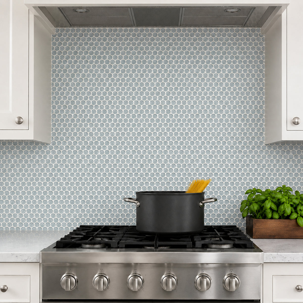 Inkjet Blue 11-in x 11-in Glass Penny Mosaic Wall Tile( 8.3 sq. ft. /Box )