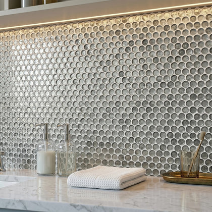 Blue & Gray Textured Penny Round 12-in x 12-in Glass Mosaic Wall Tile ( 10 sq. ft. /Box )
