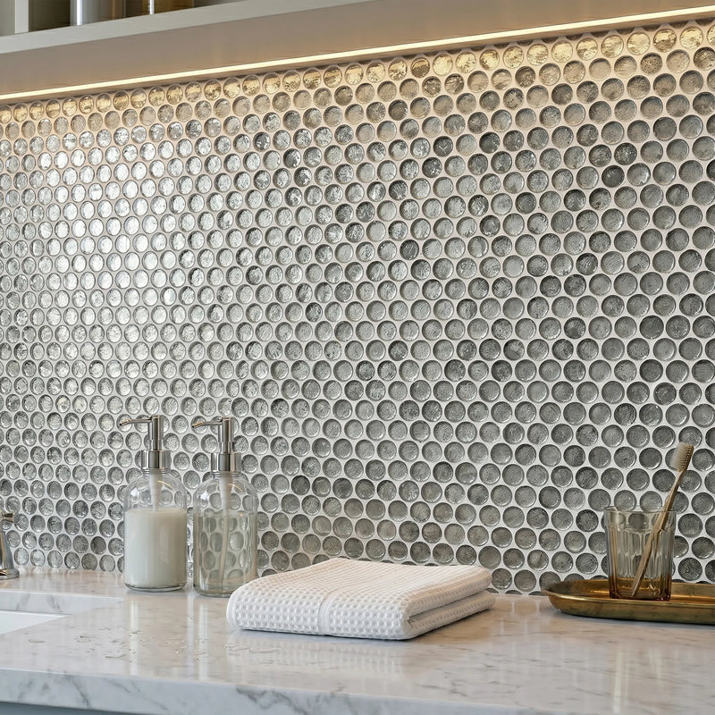 Blue & Gray Textured Penny Round 12-in x 12-in Glass Mosaic Wall Tile ( 10 sq. ft. /Box )
