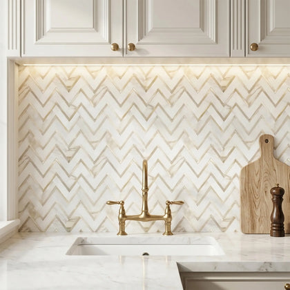 Zigzag Calacatta White with Gold Metal 13-in x 11-in Waterjet Mosaic Wall Tile ( 5 sq. ft. /Box )