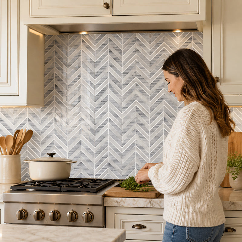 Marmara Chevron 12-in x 12-in Marble Mosaic Floor and Wall Tile( 5 sq. ft. /Box )