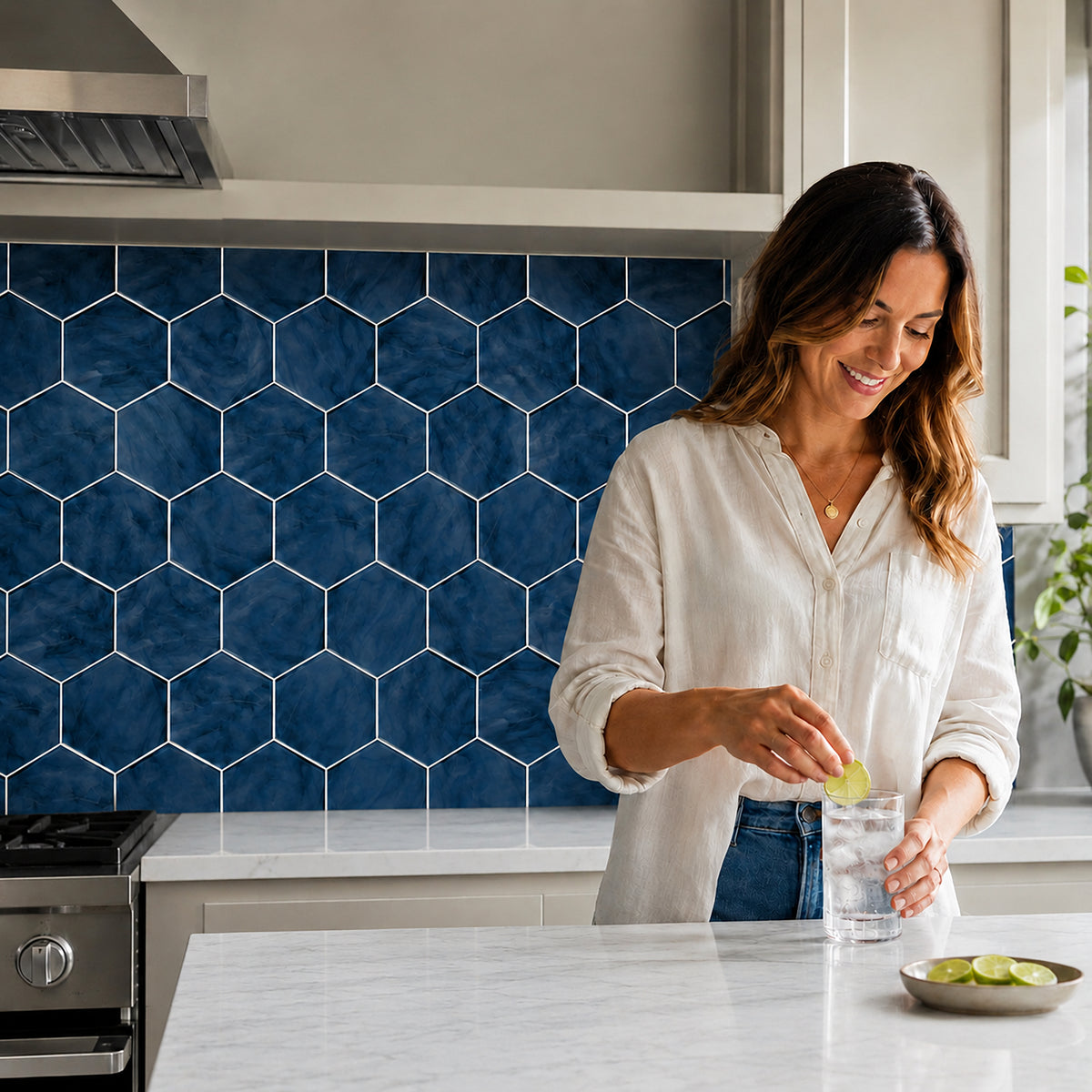 6-in Hexagon Blue 12-in x 12-in Inkjet Glass Mosaic Wall Tile( 10 sq. ft. /Box )