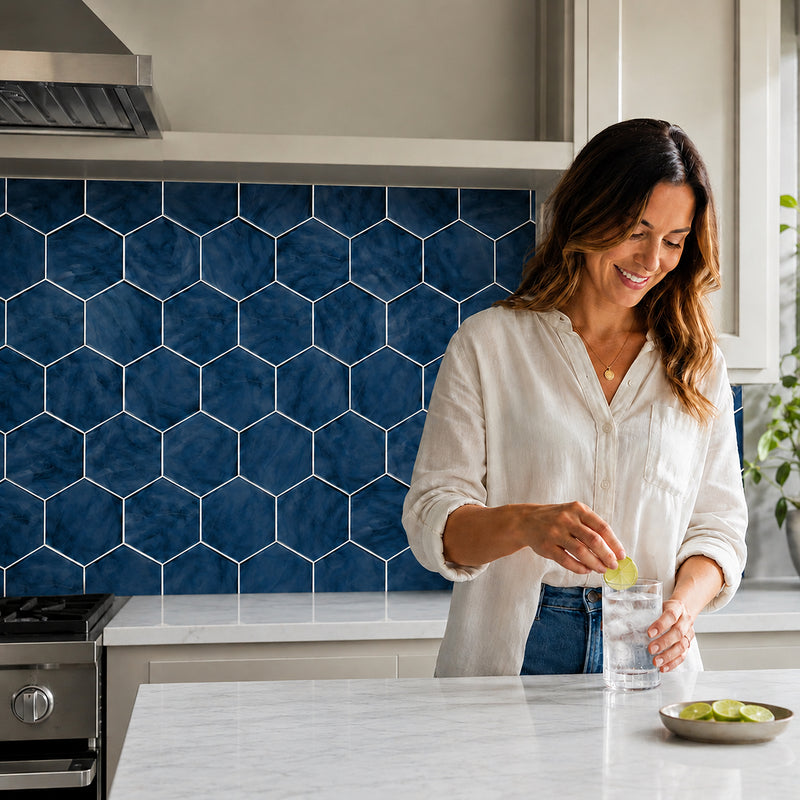 6-in Hexagon Blue 12-in x 12-in Inkjet Glass Mosaic Wall Tile( 10 sq. ft. /Box )