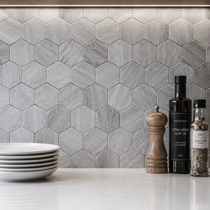 3-in Wooden gray Hexagon 12-in x 10-in Honed Marble Mosaic Wall Tile( 4.15 sq. ft. /Box )