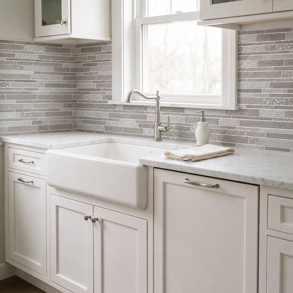 6-in x 18-in Mixed Neutrals Glass Random Strip Mosaic Wall Tile( 7.5 sq. ft. /Box )