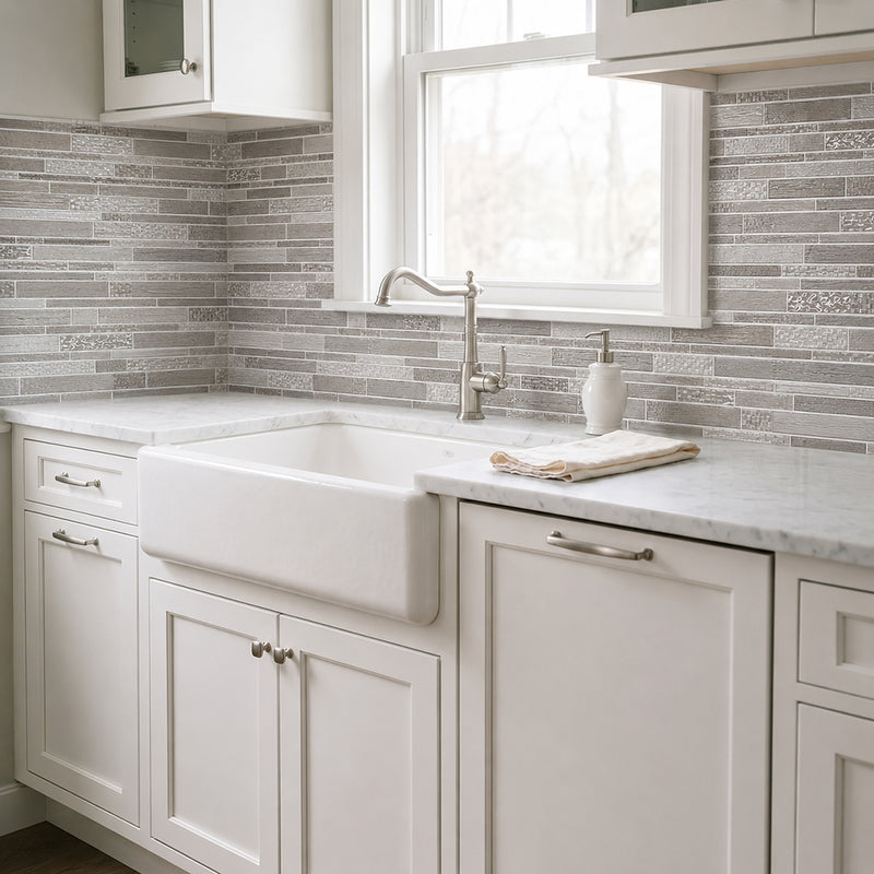 6-in x 18-in Mixed Neutrals Glass Random Strip Mosaic Wall Tile( 7.5 sq. ft. /Box )