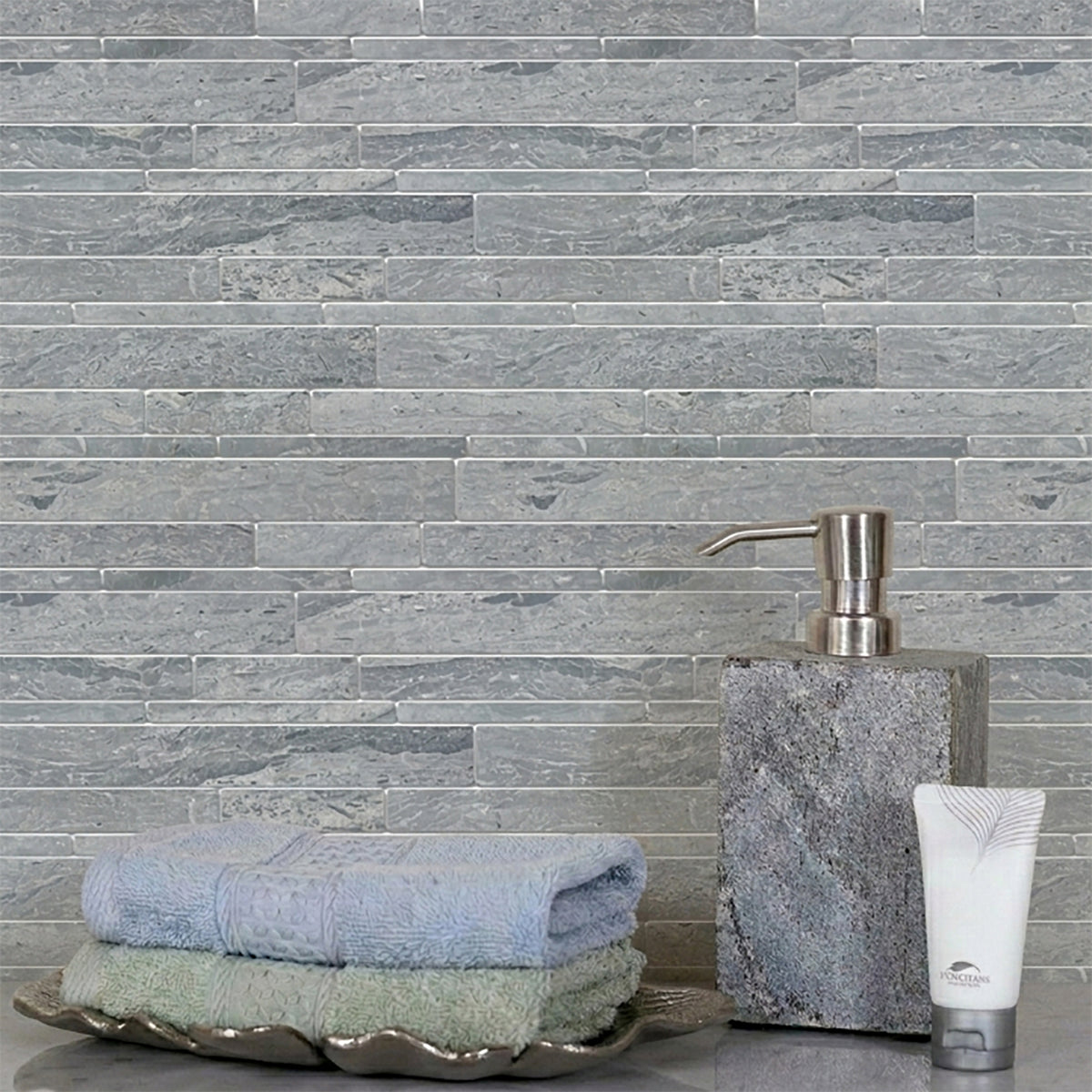 Mountain Blue Random Strip 13-in x 12-in Honed Marble Mosaic Floor and Wall Tile( 5.4 sq. ft. /Box )