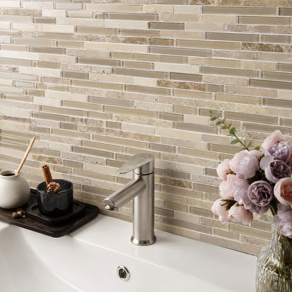 Sandy Dune Marble & Glass Random Strip 12-in x 12-in Glass Mosaic Wall Tile( 10 sq. ft. /Box )