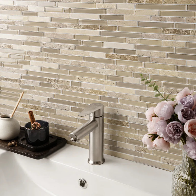 Sandy Dune Marble & Glass Random Strip 12-in x 12-in Glass Mosaic Wall Tile( 10 sq. ft. /Box )