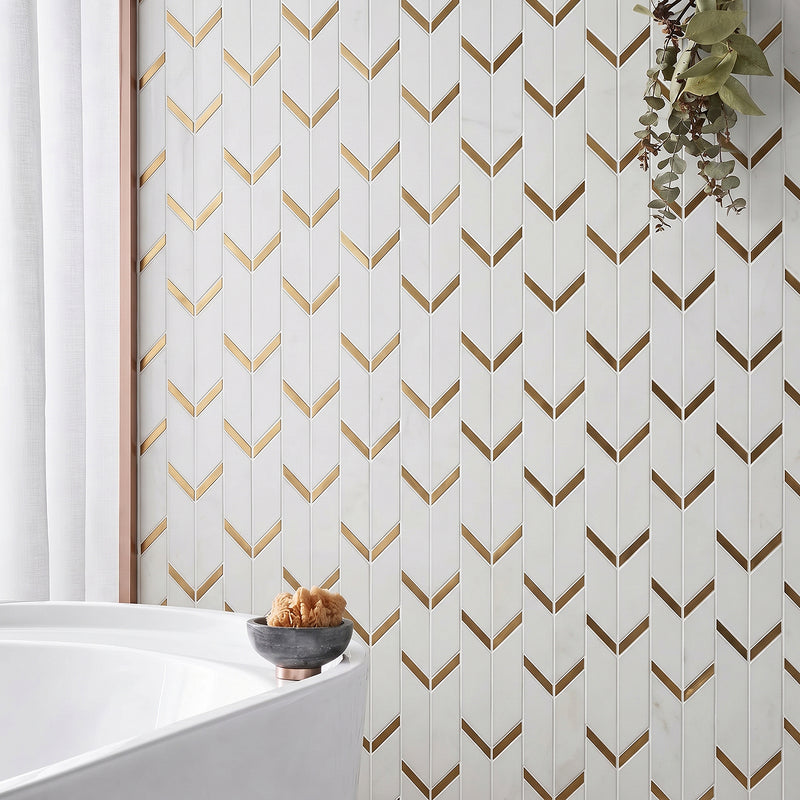 Dolomite White Marble with Arrow Gold Brass Accent 14-in x 12-in Waterjet Mosaic Wall Tile( 5 sq. ft. /Box )