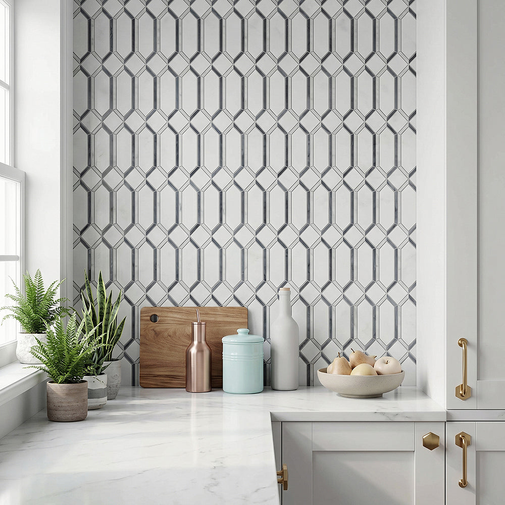 15-in x 12-in Elongated Hexagon Diamond White & Gray  Marble Mosaic  Wall Tile( 6.25 sq. ft. /Box )