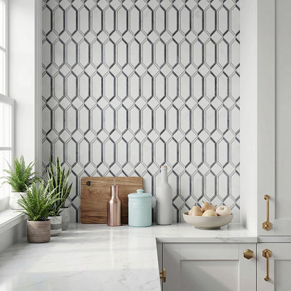15-in x 12-in Elongated Hexagon Diamond White & Gray  Marble Mosaic  Wall Tile( 6.25 sq. ft. /Box )