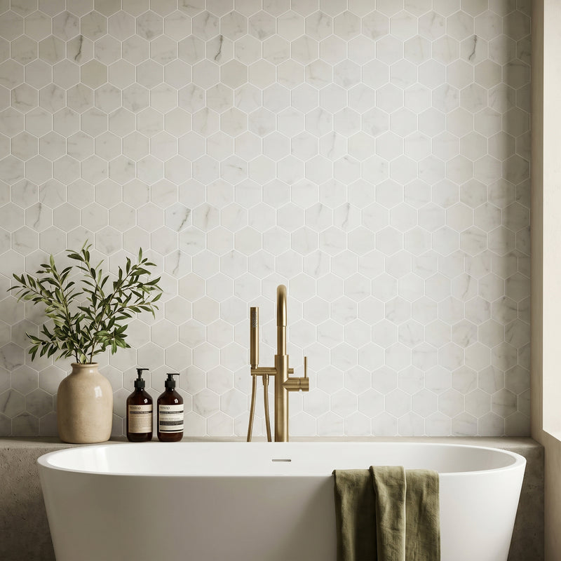 3-in Calacatta Hexagon 12-in x 10-in Polished Marble Mosaic Floor and Wall Tile( 4.15 sq. ft. /Box )