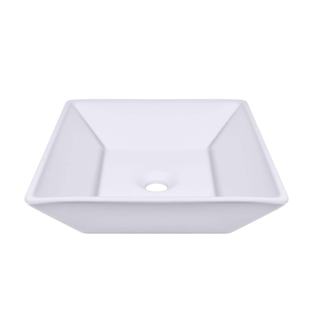 Square modern white ceramic vessel sink featuring a sleek design and above-counter installation.
