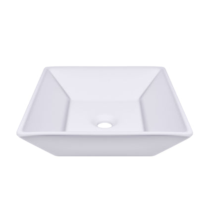 Square modern white ceramic vessel sink featuring a sleek design and above-counter installation.