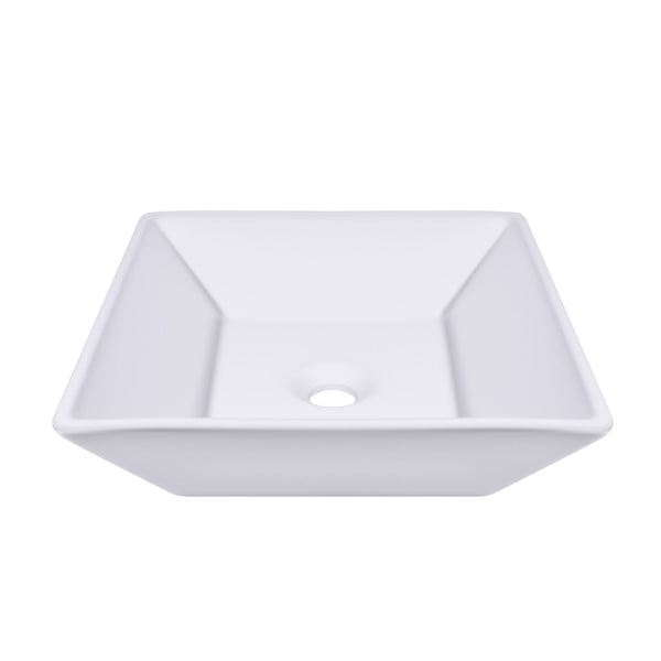 Square modern white ceramic vessel sink featuring a sleek design and above-counter installation.
