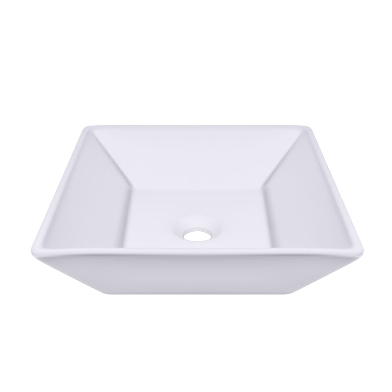 Square modern white ceramic vessel sink featuring a sleek design and above-counter installation.