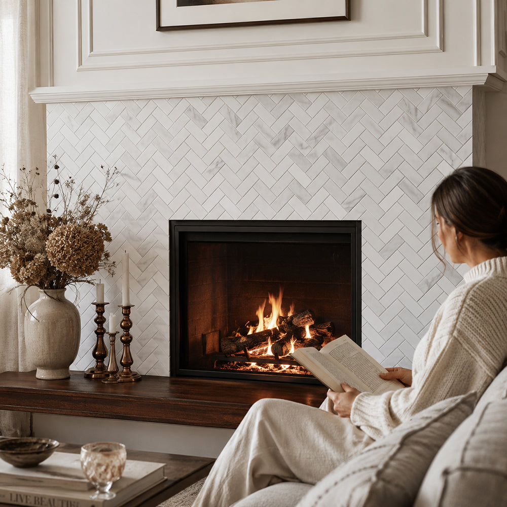 Oriental White Herringbone 12-1/2-in x 11-in Polished Marble Mosaic Wall Tile( 4.75 sq. ft. /Box )